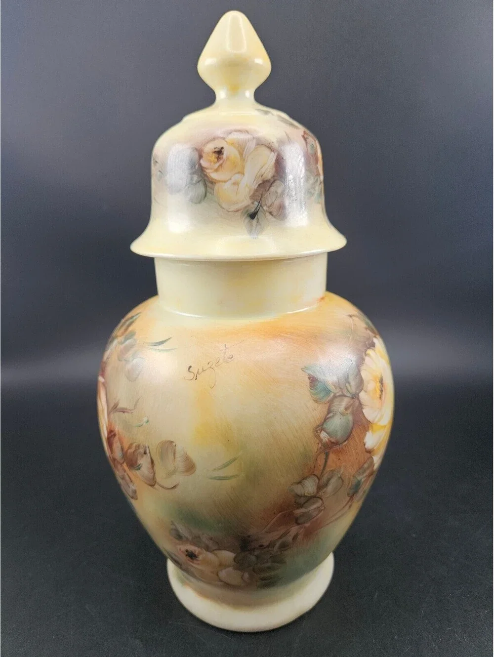 Vintage Hand Painted Yellow Rose Ginger Jar Signed Suzete 11